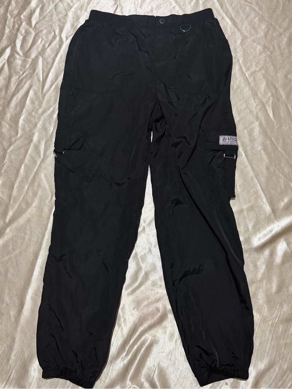 Justice Black Nylon Cargo Jogger Pants with Logo Patch Girl’s XL 16/18